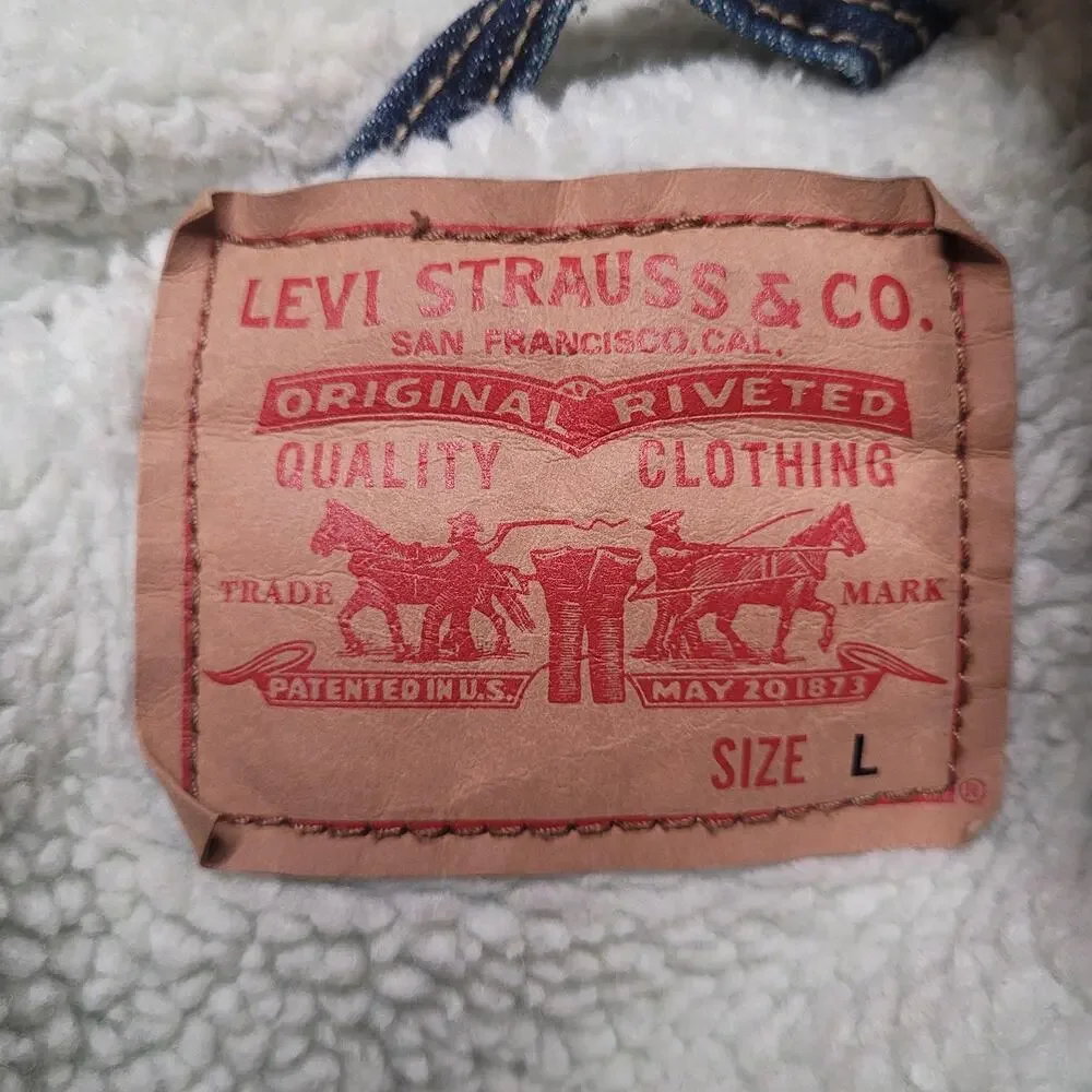 Levis‎ Jacket Mens Large Blue Denim Sherpa Lined Trucker Button Front Classic